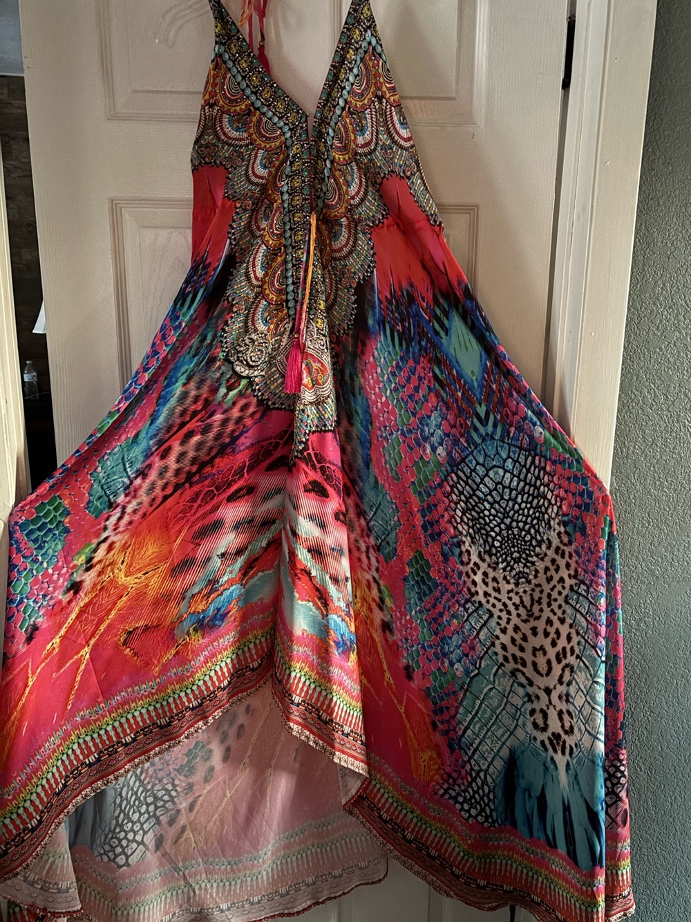 Beaded Halter Maxi Dress in Vibrant Pink Multi